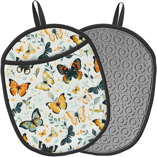 Butterfly Silicone Pot Holders Set of 2, Heat Resistant up to 500°F, Non-Slip Kitchen Hot Pads with Pocket and Soft Quilted Cotton Lining for Baking, Cooking and Hot Pots