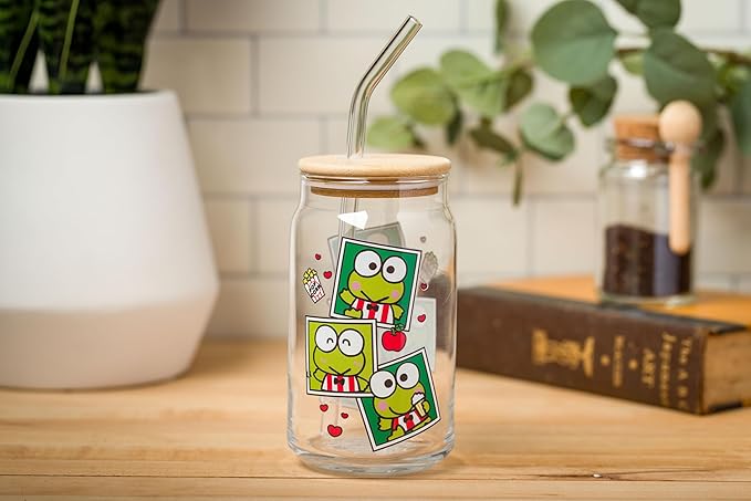 Silver Buffalo Sanrio Hello Kitty and Friends Keroppi Polaroids Glass Jar Tumbler with Bamboo Lid and Glass Straw, 16 Ounces (Pack of 12)