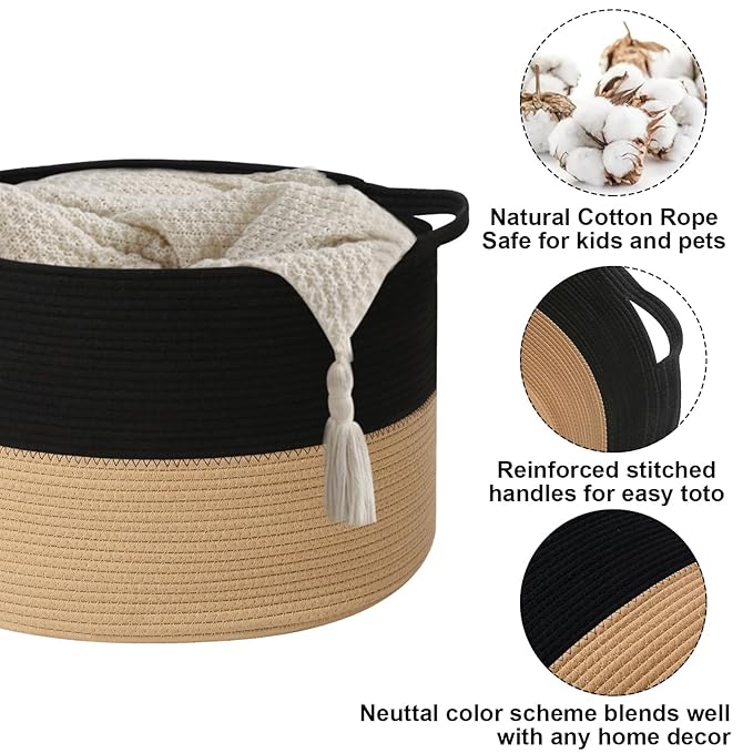 115L Extra Large Blanket Basket,Woven Rope Laundry Basket Hamper with Handles, Decorative Nursery Basket Storage Bin for Toys, Clothes Organizer, Living Room, Bedroom, Bathroom, Black&Camel