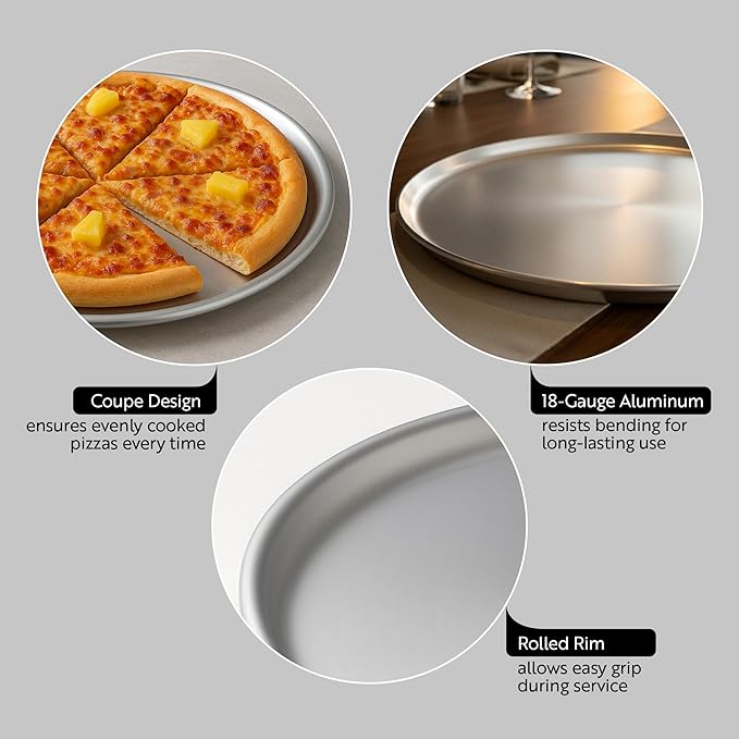 Restaurantware Met Lux 16 Inch Commercial Pizza Pan 1 Coupe Style Pizza Cooking Tray - Heavy-Duty 18-Gauge Aluminum Round Baking Tray Oven-Baking For Pizzas & More