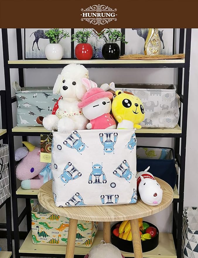 HUNRUNG Square Storage Bins Nursery Hamper Canvas Laundry Basket Foldable with Waterproof Nursery Boxes for Shelves/Gift Baskets/Toy Organizer/Office, Bedroom (Square-Blue robot)