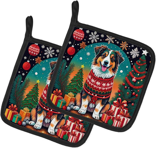 Caroline's Treasures Australian Shepherd Christmas Pair of Pot Holders Kitchen Heat Resistant Pot Holders Sets Oven Hot Pads for Cooking Baking BBQ, 7 1/2 x 7 1/2