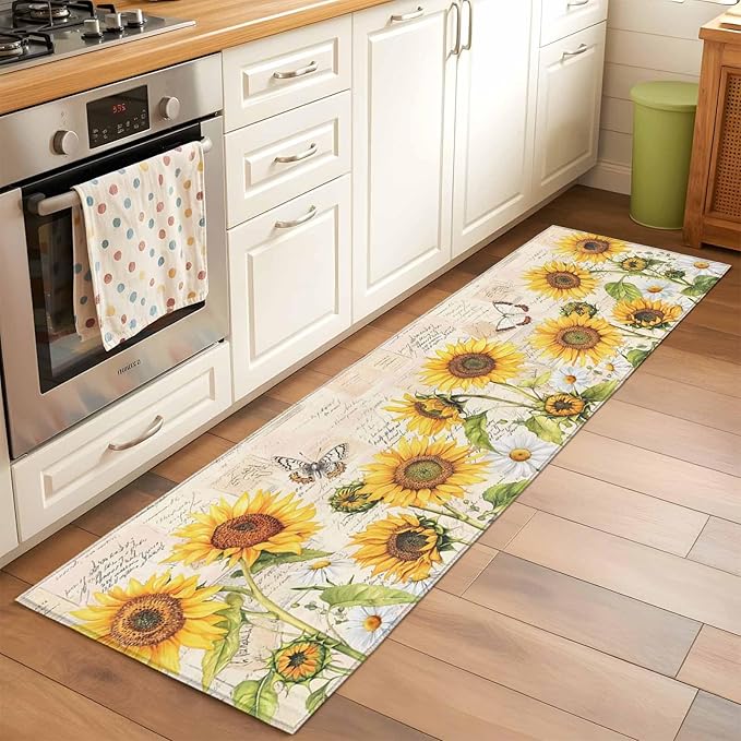 Sunflower Farmhouse 2x6 Kitchen Runner Rug, Retro Floral Butterflies Non-Skid Rubber Backing Large Rectangle Rugs - Living Room Bedroom Home Office, Spring Summer Indoor Floor Mat Carpets Washable Rug