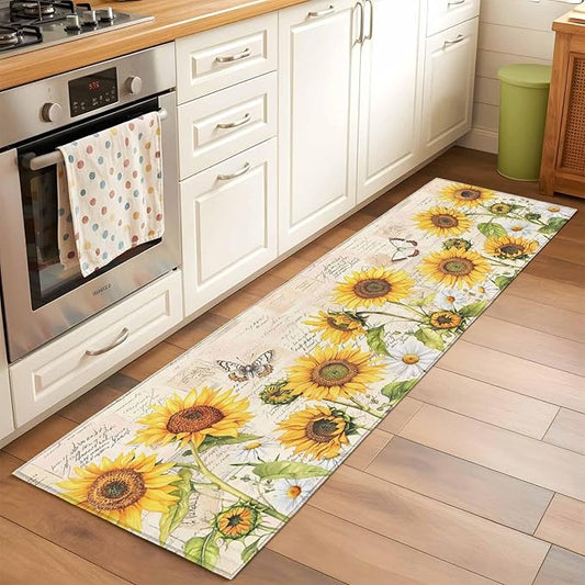 Sunflower Farmhouse 2x6 Kitchen Runner Rug, Retro Floral Butterflies Non-Skid Rubber Backing Large Rectangle Rugs - Living Room Bedroom Home Office, Spring Summer Indoor Floor Mat Carpets Washable Rug