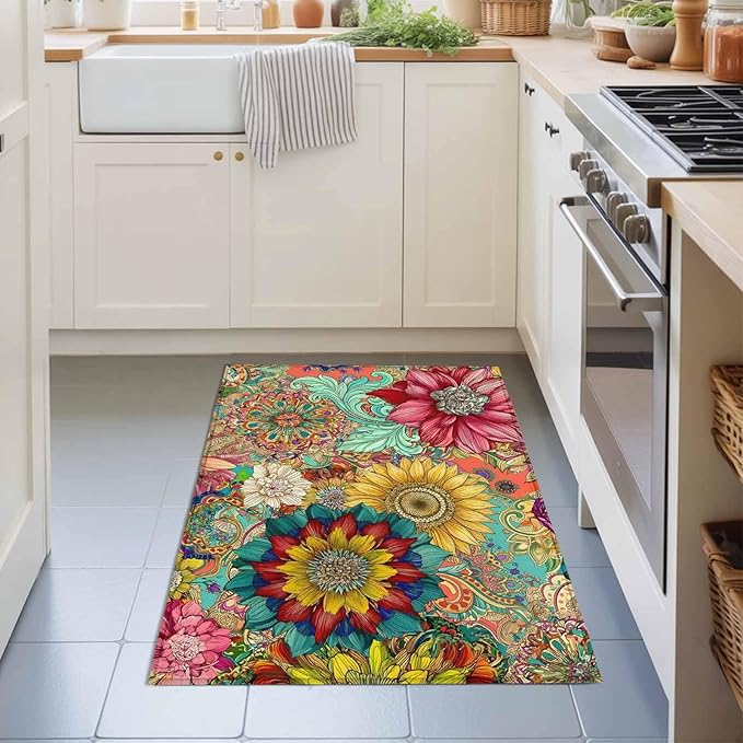 Area Rug 2x3ft, Boho Colorful Blossom Flower Washable Rugs for Living Room Bedroom, Country Retro Ethnic Floral Soft Non-Slip Area Rugs Rectangle Floor Carpet for Dining Room