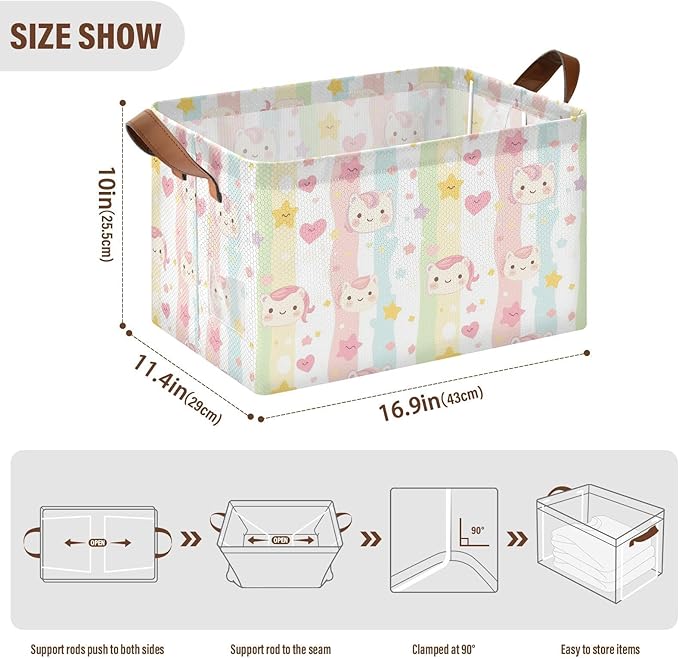 Collapsible Storage Baskets With Handles Cartoon Unicorn Lovely Stripes Medium Storage Box for Clothes Organizing Waterproof Foldable Storage Bins set of 2