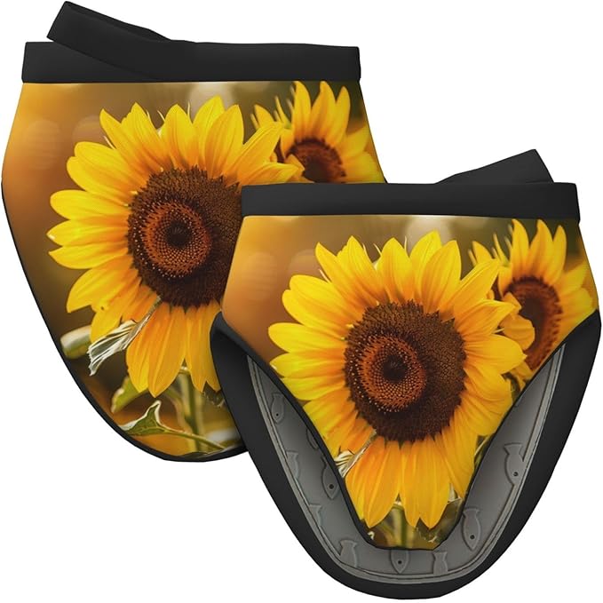 2 Pcs Mini Silicone Oven Mitts Autumn Sunflowers Heat Resistant Grill Gloves with Hanging Loop, Fall Floral Short Kitchen Mittens for Cooking Baking BBQ