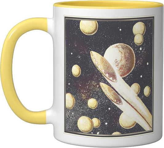 Retro Sci-Fi UFOs Flying Saucers Through Space Ceramic Mug, Yellow/White