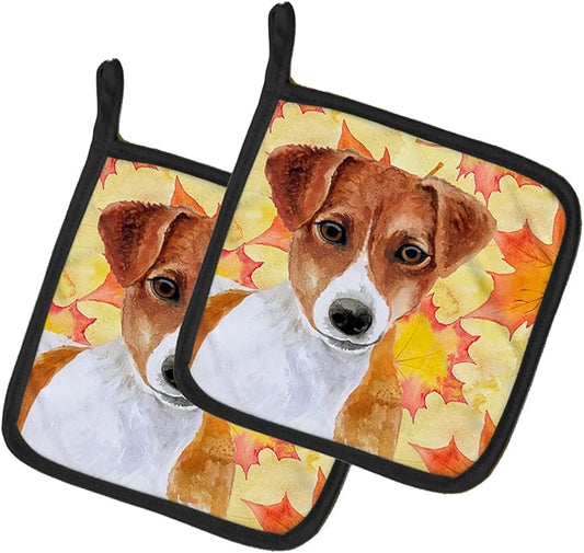 Caroline's Treasures BB9950PTHD Jack Russell Terrier Fall Pair of Pot Holders, Yellow Kitchen Heat Resistant Pot Holders Sets Oven Hot Pads for Cooking Baking BBQ, 7 1/2 x 7 1/2