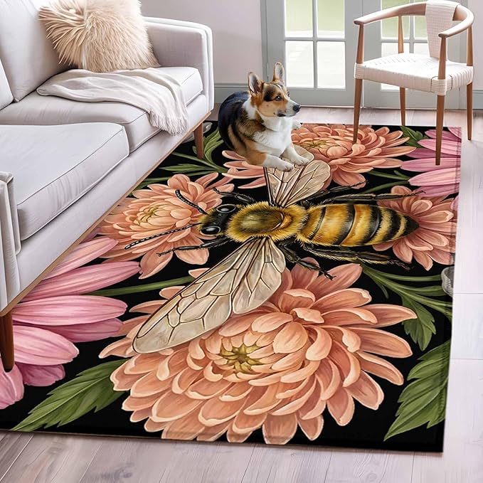Area Rug 4x6ft, Vintage Honey Gold Bee Pink Flowers Washable Rugs for Living Room Bedroom, Sage Green Leaves Soft Non-Slip Area Rugs Rectangle Floor Carpet for Dining Room