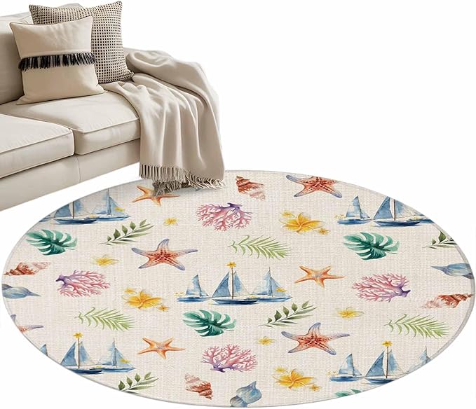 Washable Round Area Rug Summer Sea Starfish Sailboat Circle Rugs Floor Carpet for Living Room Bedroom, Marine Life Coral on Linen Soft Non Slip Round Rug 3ft