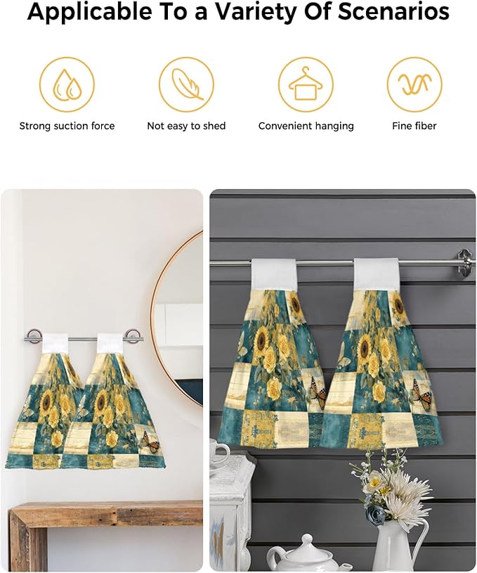 Alandar Home Kitchen Tie Towel Set of 2, Farm Sunflower Rose Butterfly Absorbent Soft Hand Towels for Bathroom Hanging Towels, Vintage Floral on Plaid Fast Drying Cleaning Cloth with Loop