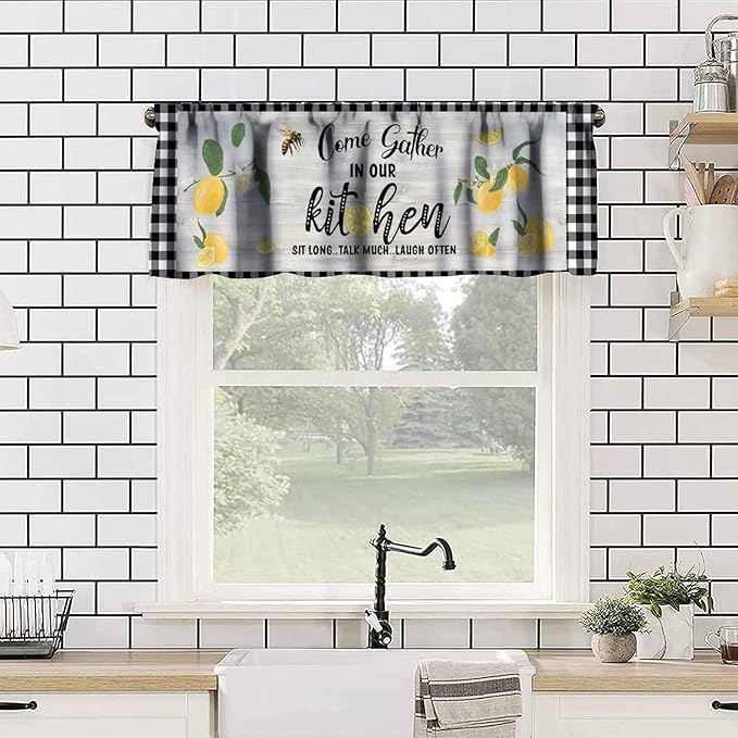 Lemon Kitchen Curtain Valance, Black White Buffalo Plaid Yellow Fruit Print Short Window Drapes for Dining Bedroom Living Room Cafe Resturant, 54x18Inch