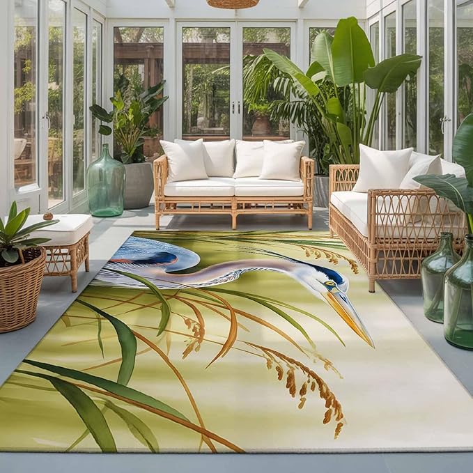 Area Rug 3x5ft, Natural Bird Wetland Landscape Washable Rugs for Living Room Bedroom, Wild Heron Grass Soft Non-Slip Area Rugs Rectangle Floor Carpet for Dining Room