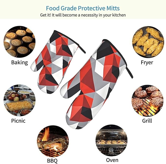 Red Black Gray Geometric Oven Mitts of 2-Pack Set, Funny Kitchen Gloves Heat Resistant Non-Slip Kitchen Mitts for Cooking Baking Grilling