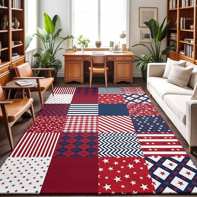 Area Rug 8x10ft, Abstract Splicing Stars Stripes Washable Rugs for Living Room Bedroom, Independence Day Red Blue White Soft Non-Slip Area Rugs Rectangle Floor Carpet for Dining Room