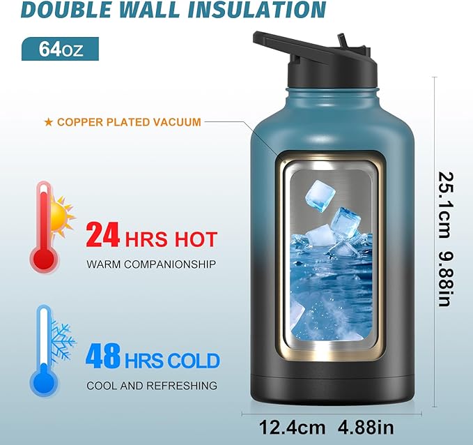 64oz Insulated Water Bottle (Cold for 48 Hrs),BPA Free&Leak Proof,Half Gallon Stainless Steel Water Flask,Water Jug with Straw Spout Lids for Gym,Hiking,Camping,Black Blue