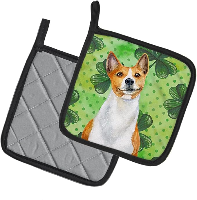 Caroline's Treasures BB9866PTHD Basenji St Patrick's Pair of Pot Holders, Green Kitchen Heat Resistant Pot Holders Sets Oven Hot Pads for Cooking Baking BBQ, 7 1/2 x 7 1/2