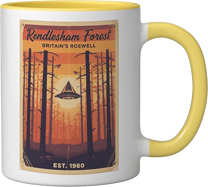 Rendlesham Forest UFO Alien Vintage UK Flying Saucer Ceramic Mug, Yellow/White