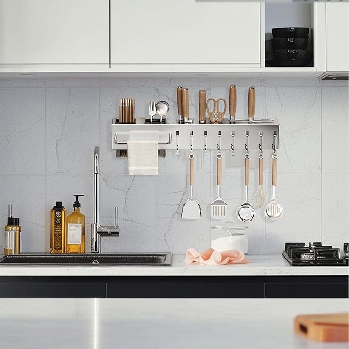 Wall Hanger Rail – Adhesive Mount, Kitchen Strip | Metal Track Support, Drilling-Free Fixture, 10-Hook Layout for Compact Organization Projects, Apartment Arrangement, Dorm Pantry Renovation, Morning