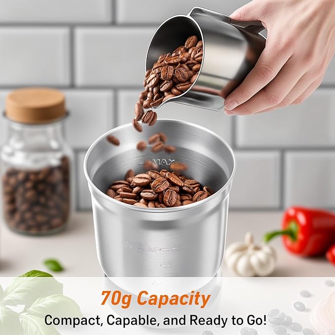 Secura Electric Coffee Grinder and Spice Grinder with Stainless Steel Blades, 1 Removable Bowl, Stainless