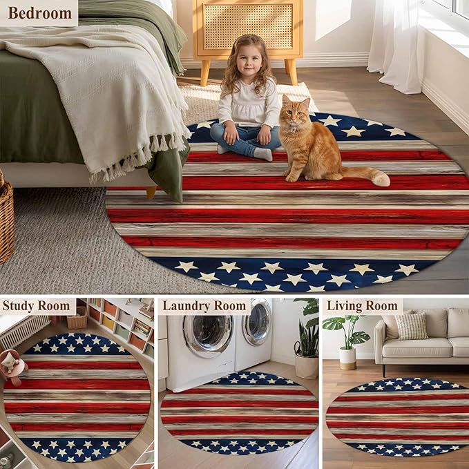 Washable Round Area Rug Vintage Stripes and Stars Circle Rugs Floor Carpet for Living Room Bedroom, Patriotic 250th Anniversary Soft Non Slip Round Rug 3ft