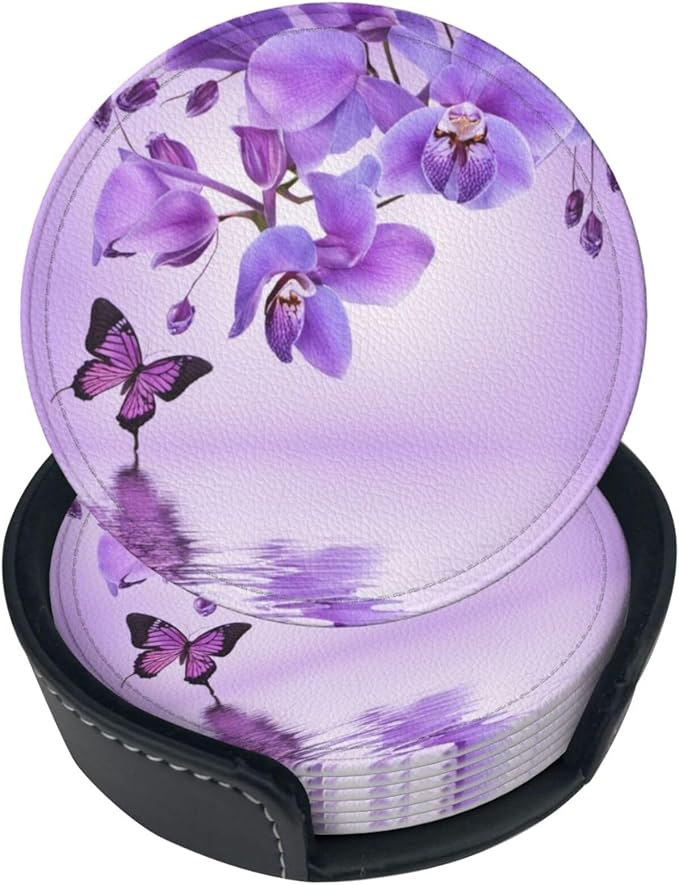 Famame 6 Pcs Orchid Purple Butterfly Leather Coasters for Drinks with Holder Coaster Sets Drink Table Cup Coasters for Living Room Kitchen Coffee Decor