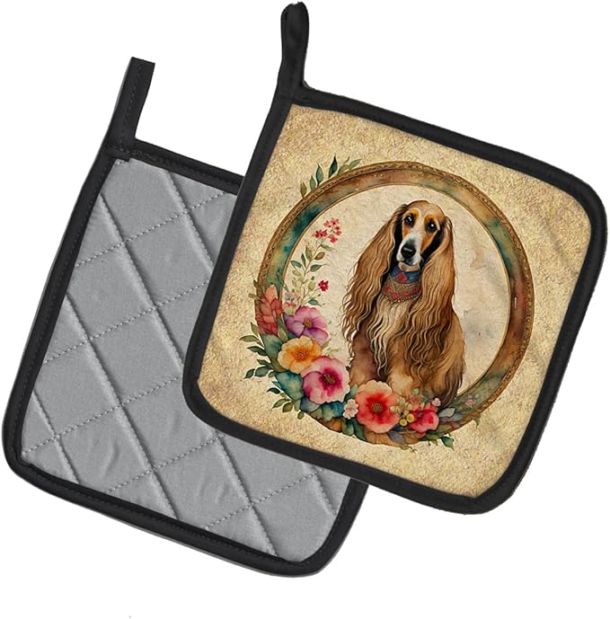 Caroline's Treasures Afghan Hound and Flowers Pair of Pot Holders Kitchen Heat Resistant Pot Holders Sets Oven Hot Pads for Cooking Baking BBQ, 7 1/2 x 7 1/2