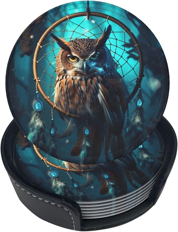 Famame 6 Pcs Owl Vintage Dream Catcher Leather Coasters for Drinks with Holder Coaster Sets Drink Table Cup Coasters for Living Room Kitchen Coffee Decor