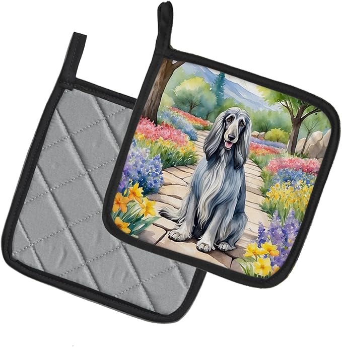 Caroline's Treasures Afghan Hound Spring Garden Pair of Pot Holders Kitchen Heat Resistant Pot Holders Sets Oven Hot Pads for Cooking Baking BBQ, 7 1/2 x 7 1/2