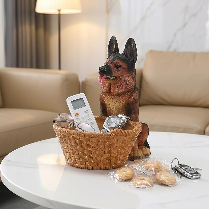 Cute German Shepherd Candy Bowl, Resin Dog Figurine Key Bowl for Entryway Table, Desktop Storage Basket Organizer for Desk, Unique Dog Lover Gift