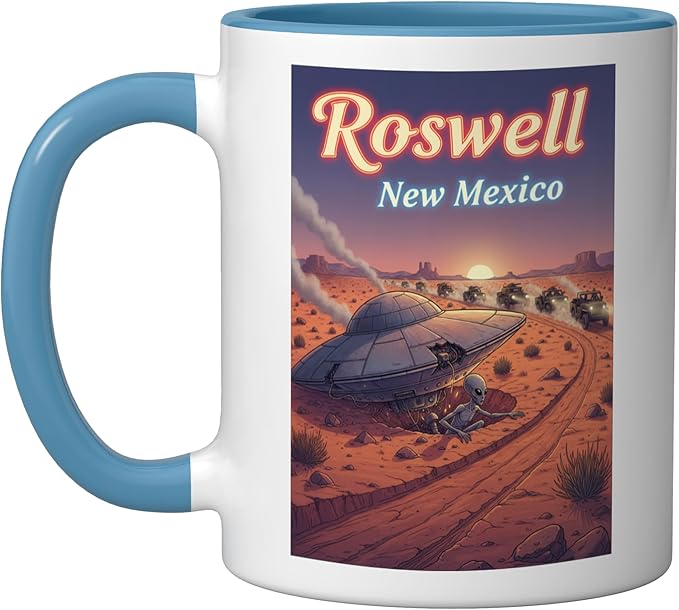 Roswell New Mexico UFO Crash in the Desert Alien Souvenir Ceramic Mug, Blue/White