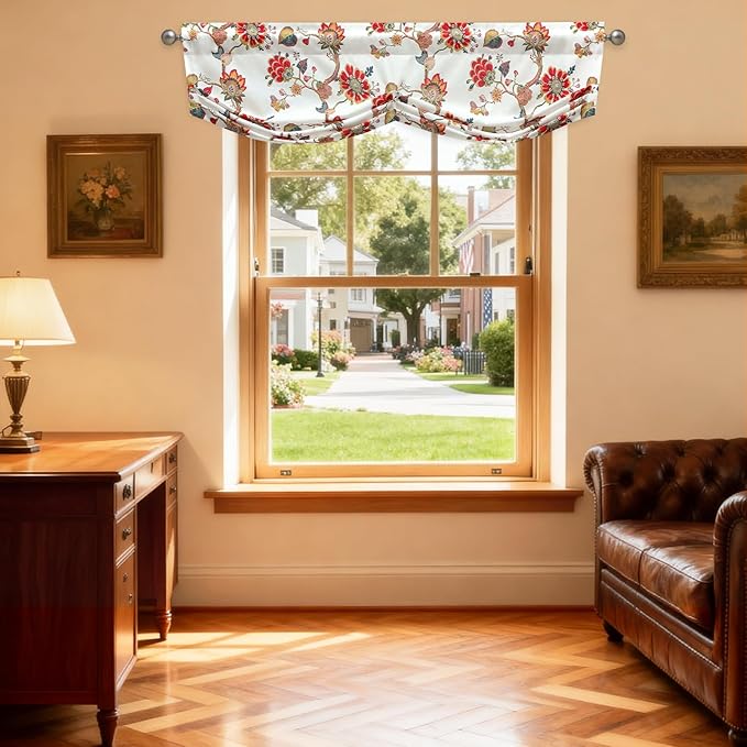 Leeva Red Vintage Floral Pleated Valance, Linen Textured Rod Pocket Curtain Topper for Living Room Windows, Retro Flower Print Farmhouse Window Treatment, 52x14 Inches, Classic Country Style