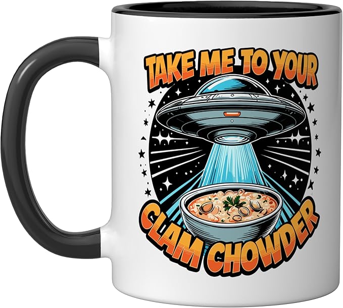 Take Me to Your Clam Chowder UFO Abduction Clam Chowder Ceramic Mug, Black/White