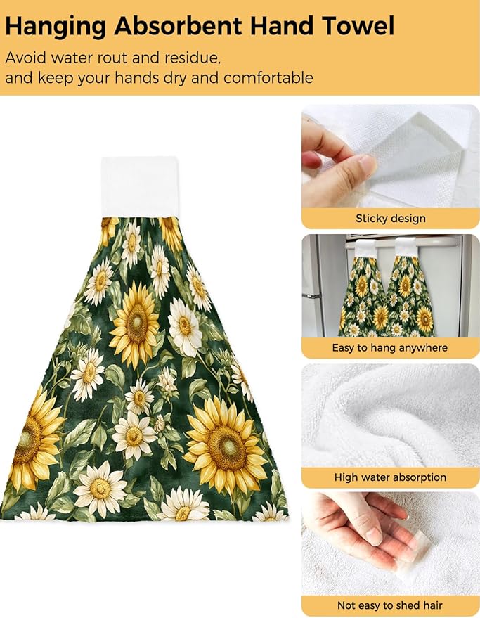 Alandar Home Kitchen Tie Towel Set of 1, Country Sunflower Green Watercolor Leaves Absorbent Soft Hand Towels for Bathroom Hanging Towels, Blossom Floral Fast Drying Cleaning Cloth with Loop