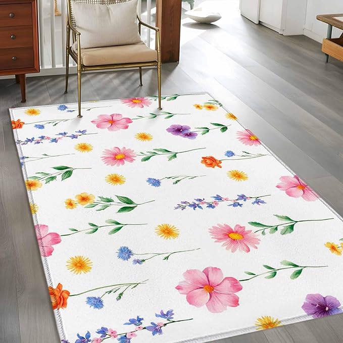 Area Rug 3x5ft, Watercolor Farmhouse Flower Washable Rugs for Living Room Bedroom, Yellow Pink Purple Blue Floral Soft Non-Slip Area Rugs Rectangle Floor Carpet for Dining Room