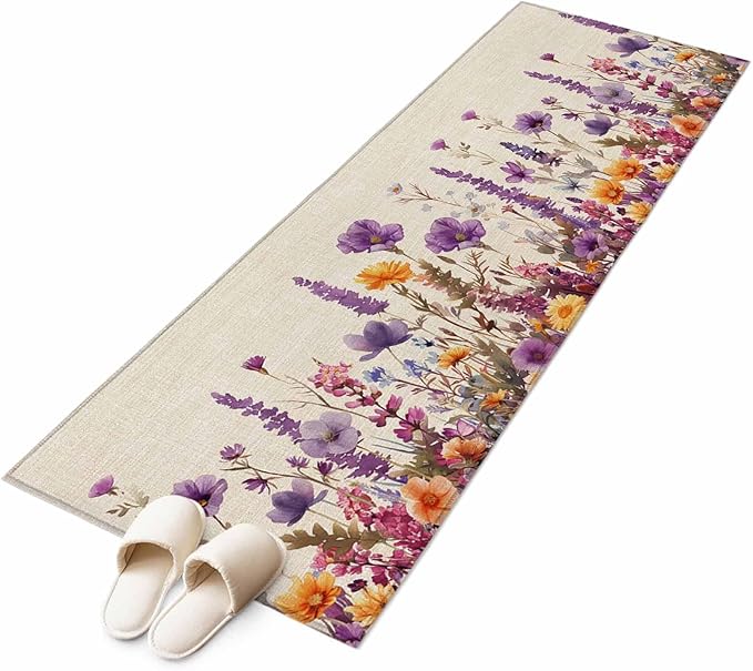 Runner Rug for Bedroom Hallway, Country Flower Purple Lavender Plant Kitchen Runner Rugs Area Rug 2x6ft, Retro Linen Washable Soft Floor Carpet for Entryway Stair