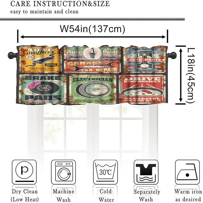 Vintage Style Valance Curtain Garage Or Car Repair Service Rusty Metal Flag. Vehicle Mechanics Workshop, Short Curtains Valances for Kitchen Living Room Decor with Rod Pocket, 1 Panel 54X18 Inches