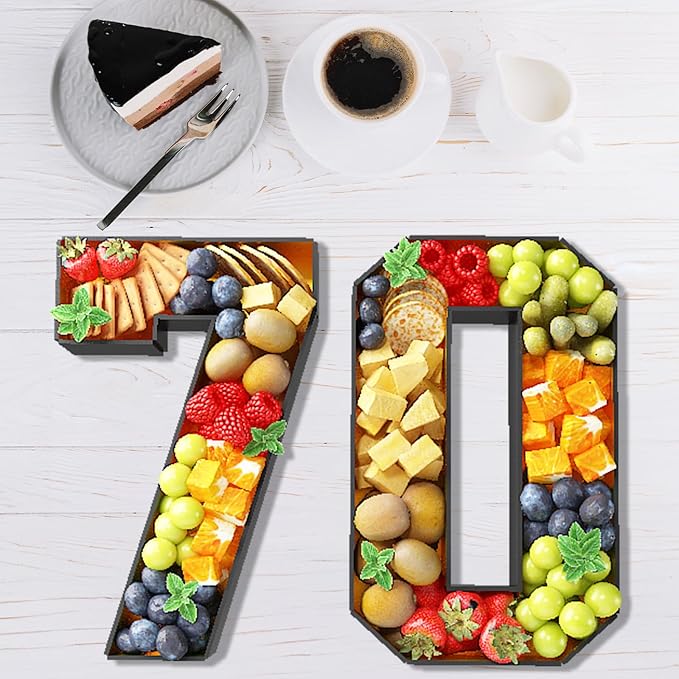 70 Cardboard Numbers for Charcuterie Fillable 13.8'' Black Gold Paper Mache Number Shaped Cupcake Pans Board Box Trays Container for Food Candy 70th Birthday Party Decorations Anniversary