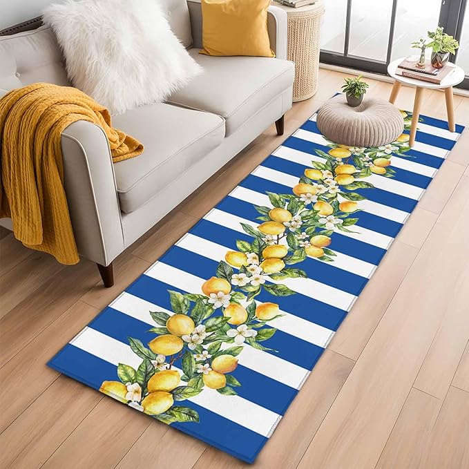 Runner Rug for Bedroom Hallway, Summer Lemon Green Leaves Watercolor Kitchen Runner Rugs Area Rug 2x6ft, Blue Stripe Washable Soft Floor Carpet for Entryway Stair