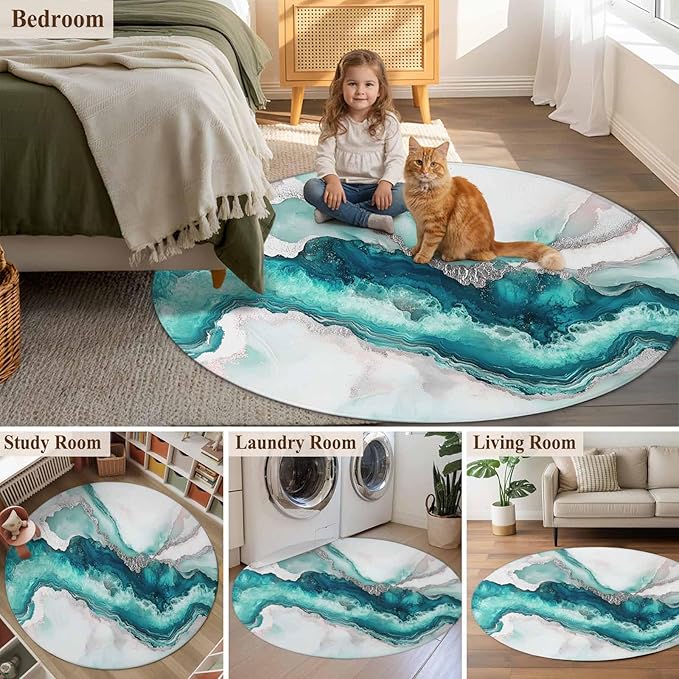 Washable Round Area Rug Abstract Blue Marble Texture Circle Rugs Floor Carpet for Living Room Bedroom, Modern Luxury Pattern Soft Non Slip Round Rug 5ft