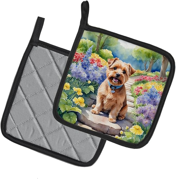 Caroline's Treasures Norfolk Terrier Spring Path Pair of Pot Holders Kitchen Heat Resistant Pot Holders Sets Oven Hot Pads for Cooking Baking BBQ, 7 1/2 x 7 1/2