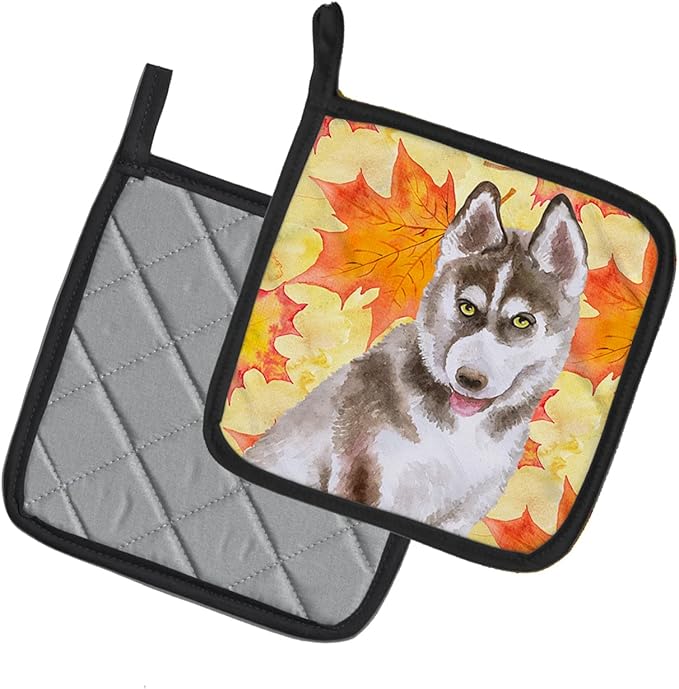 Caroline's Treasures BB9957PTHD Siberian Husky Grey Fall Pair of Pot Holders, Yellow Kitchen Heat Resistant Pot Holders Sets Oven Hot Pads for Cooking Baking BBQ, 7 1/2 x 7 1/2