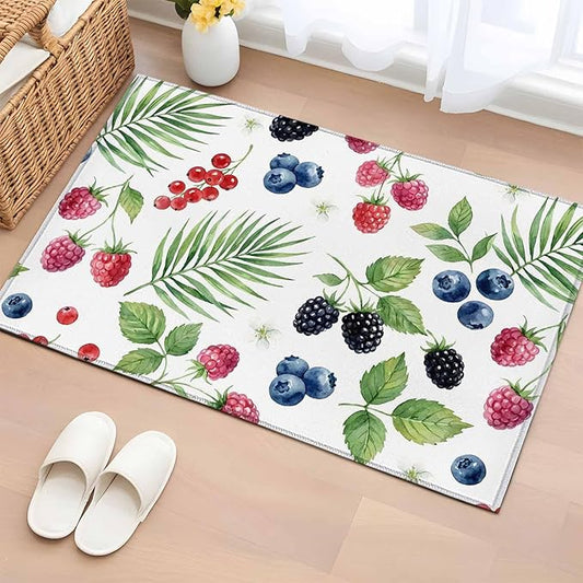 Area Rug 2x3ft, Farm Fruit Berry Cherry Blueberry Washable Rugs for Living Room Bedroom, Watercolor Mulberry Leaves Soft Non-Slip Area Rugs Rectangle Floor Carpet for Dining Room