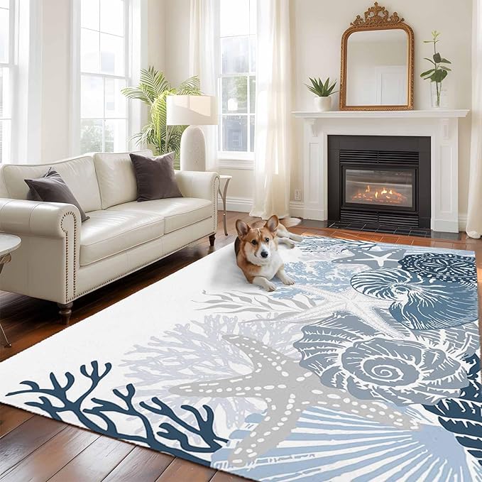 Area Rug 8x10ft, Underwater Blue Shells Starfish Coral Washable Rugs for Living Room Bedroom, Summer Botantical Soft Non-Slip Area Rugs Rectangle Floor Carpet for Dining Room