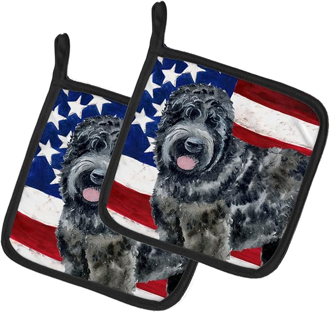 Caroline's Treasures BB9677PTHD Black Russian Terrier Patriotic Pair of Pot Holders Kitchen Heat Resistant Pot Holders Sets Oven Hot Pads for Cooking Baking BBQ, 7 1/2 x 7 1/2