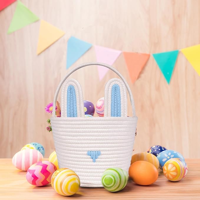 Poschnor Large Easter Basket with Gift Bags and Ribbons, Easter Bunny Basket for Kids, Woven Cotton Rope Basket for gifting, Blue/White