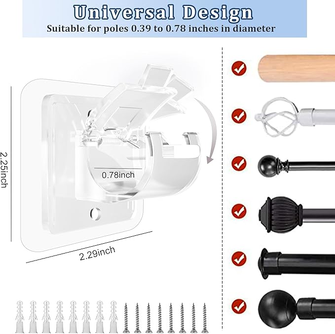 Codoule 2PCS No Drill Curtain Rod Brackets No Drilling Self Adhesive Curtain Rod Holder Hooks Nail Free Adjustable Curtain Rod Hooks Curtain Hangers Bathroom Kitchen Home Bathroom Hotel (Transparent)