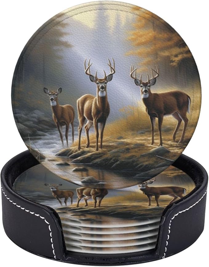 Animal World Wildlife River Edge Deers Leather Drinks Coasters with Holder, Set of 6, Suitable for Various Cups