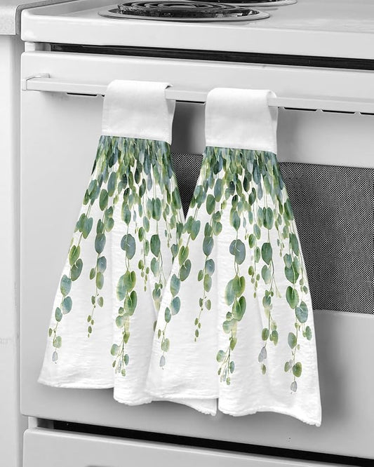 Alandar Home Kitchen Tie Towel Set of 2, Spring Green Eucalyptus Leaves Absorbent Soft Hand Towels for Bathroom Hanging Towels, Watercolor Botanical Fast Drying Cleaning Cloth with Loop